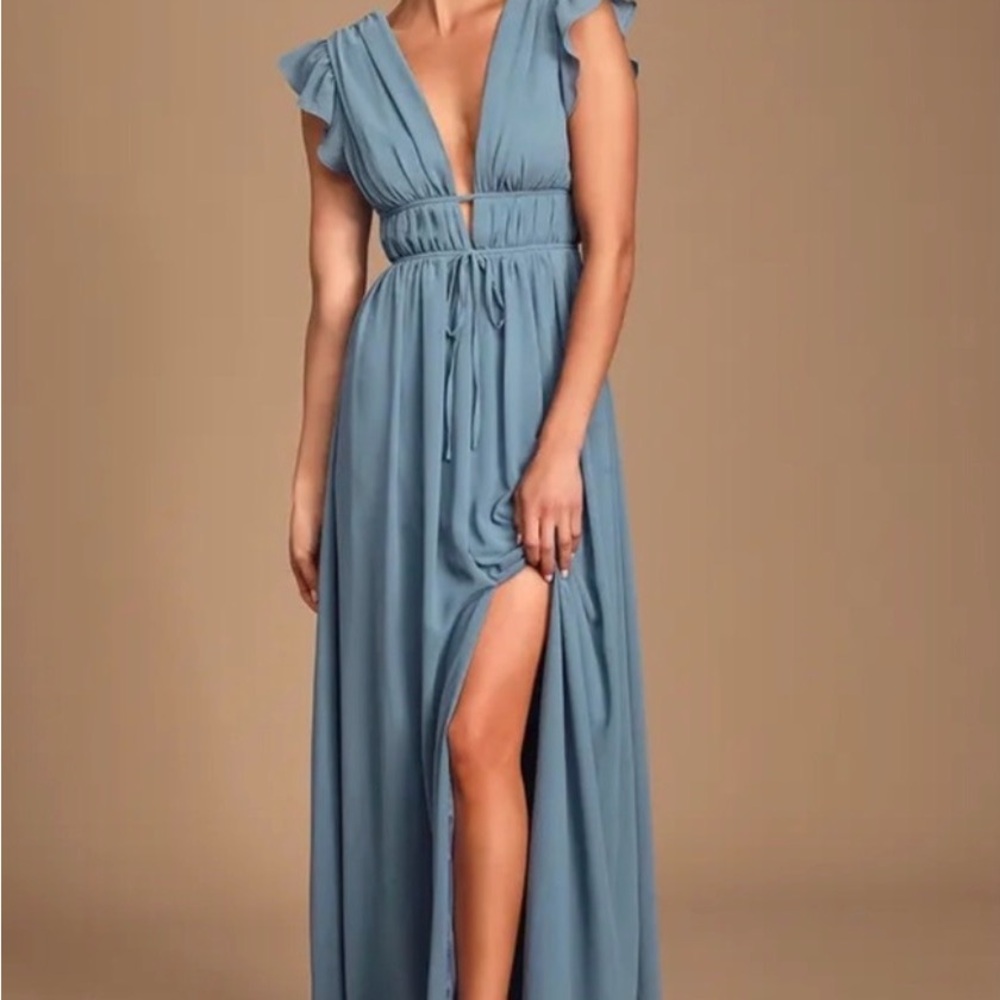 Lulu's Dusty Blue Deep V Maxi Dress with High Slit